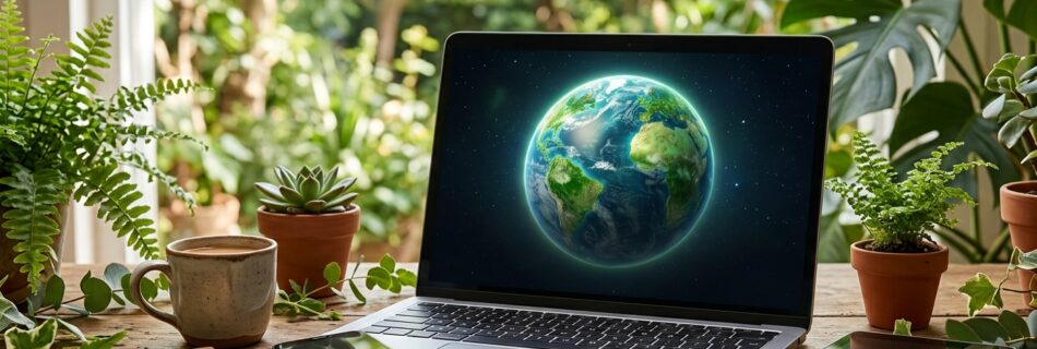 image of earth on a laptop screen, on a desk with other tech and lots of plants