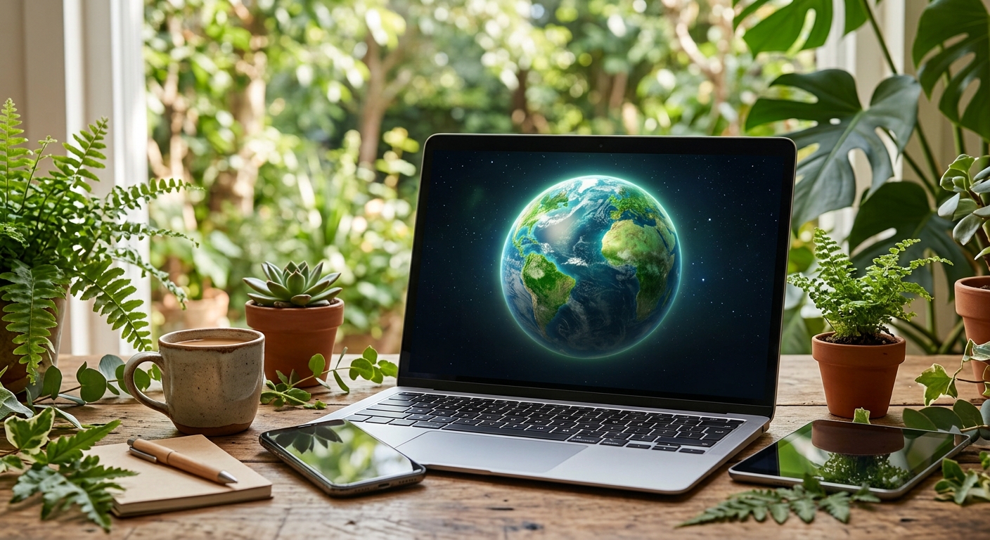 image of earth on a laptop screen, on a desk with other tech and lots of plants