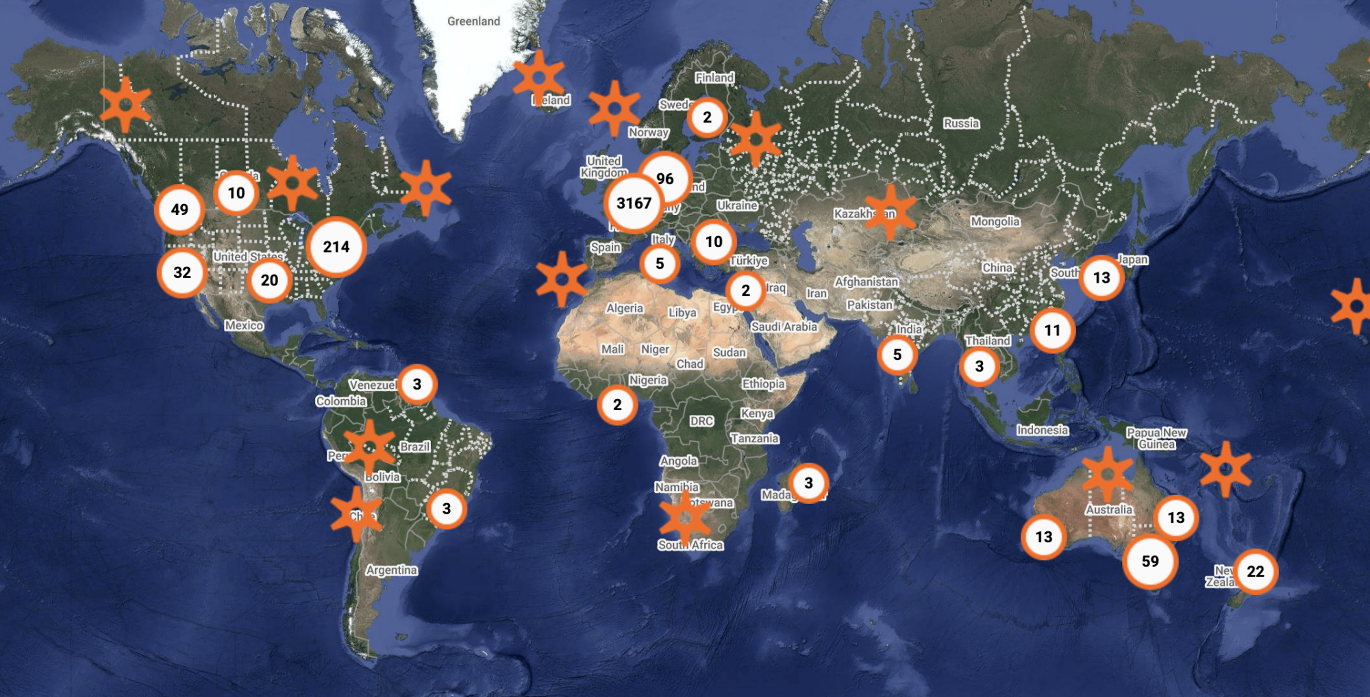 Map of the world showing locations of Repair Cafes