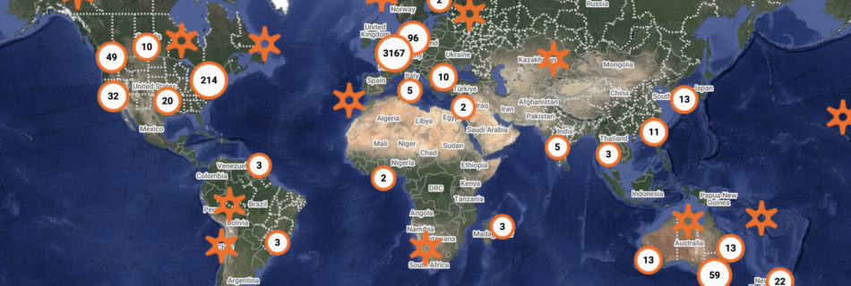 Map of the world showing locations of Repair Cafes