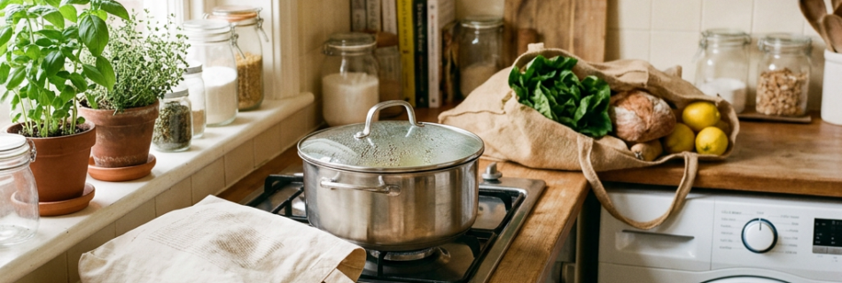 Sunlit kitchen with a pot, fresh produce, plants, and laundry