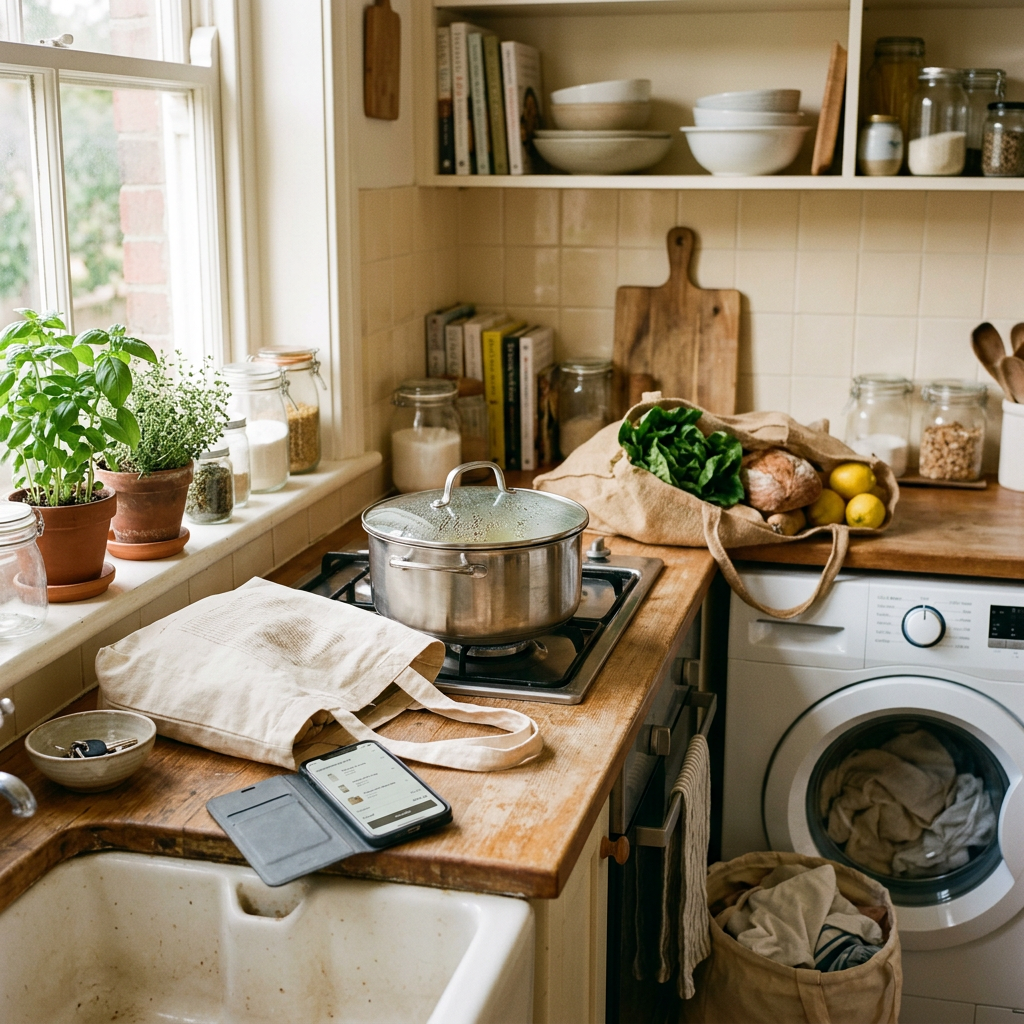 Sunlit kitchen with a pot, fresh produce, plants, and laundry
